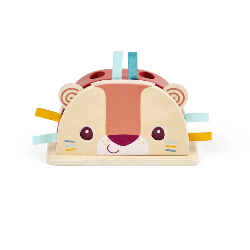 Gioco di abilità pop-up per neonati con animali in legno: i bastoncini, quando premuti, saltano, inoltre si possono muovere gli occhi del leone tirandogli le orecchie - perfetto per i neonati dai 12 mesi in su!